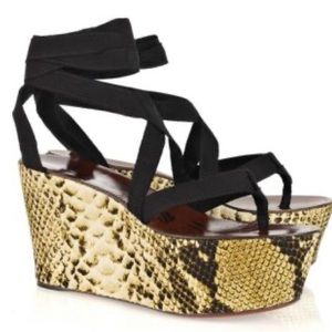 Lanvin ete 2011 Black Ankle Ribbon Snakeskin Print Wedge Sz 39 $695.00